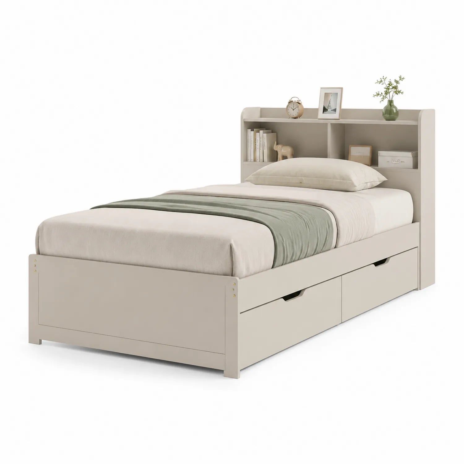 Cama individual con almacenamiento de madera MDF en Beige 200x90 cm