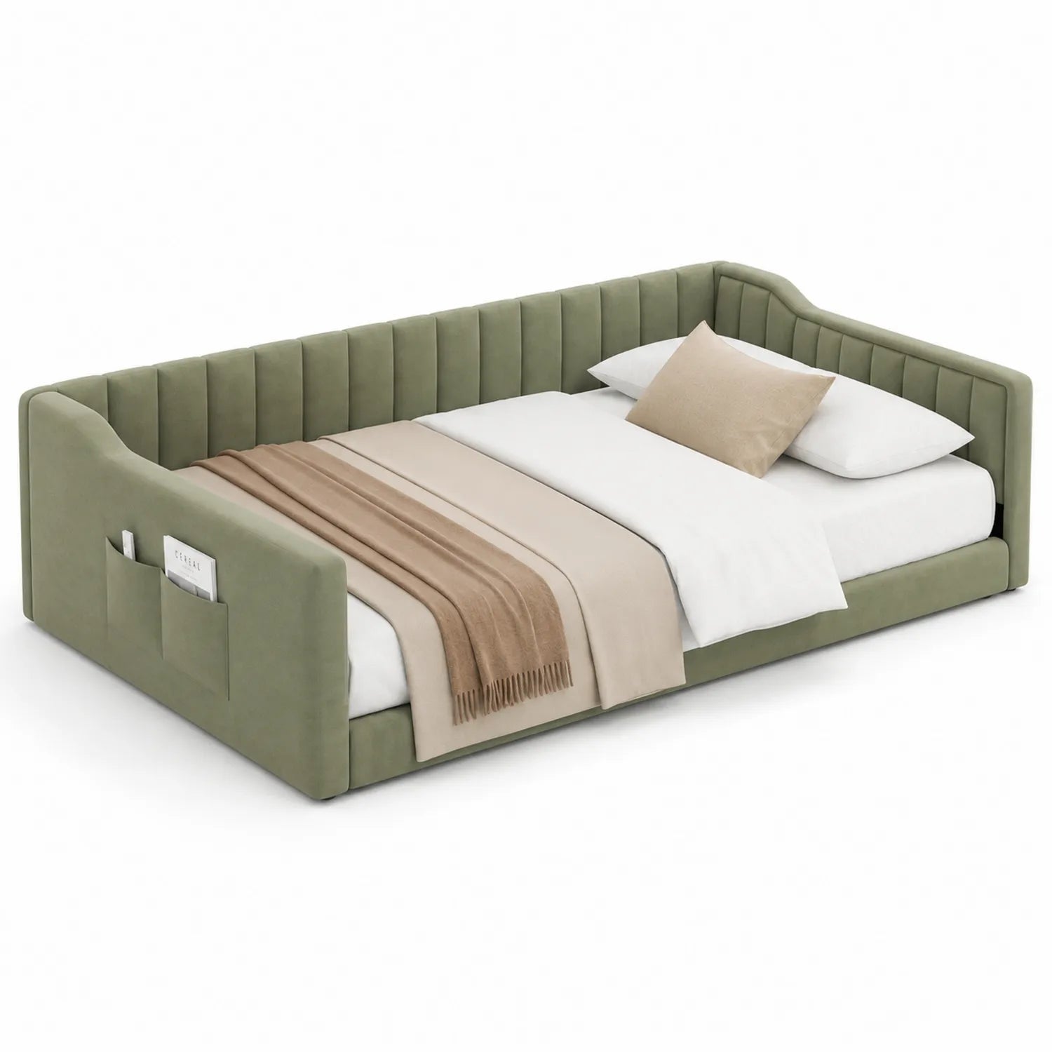 Cama de día tapizada en tela verde con colchón y almohadas