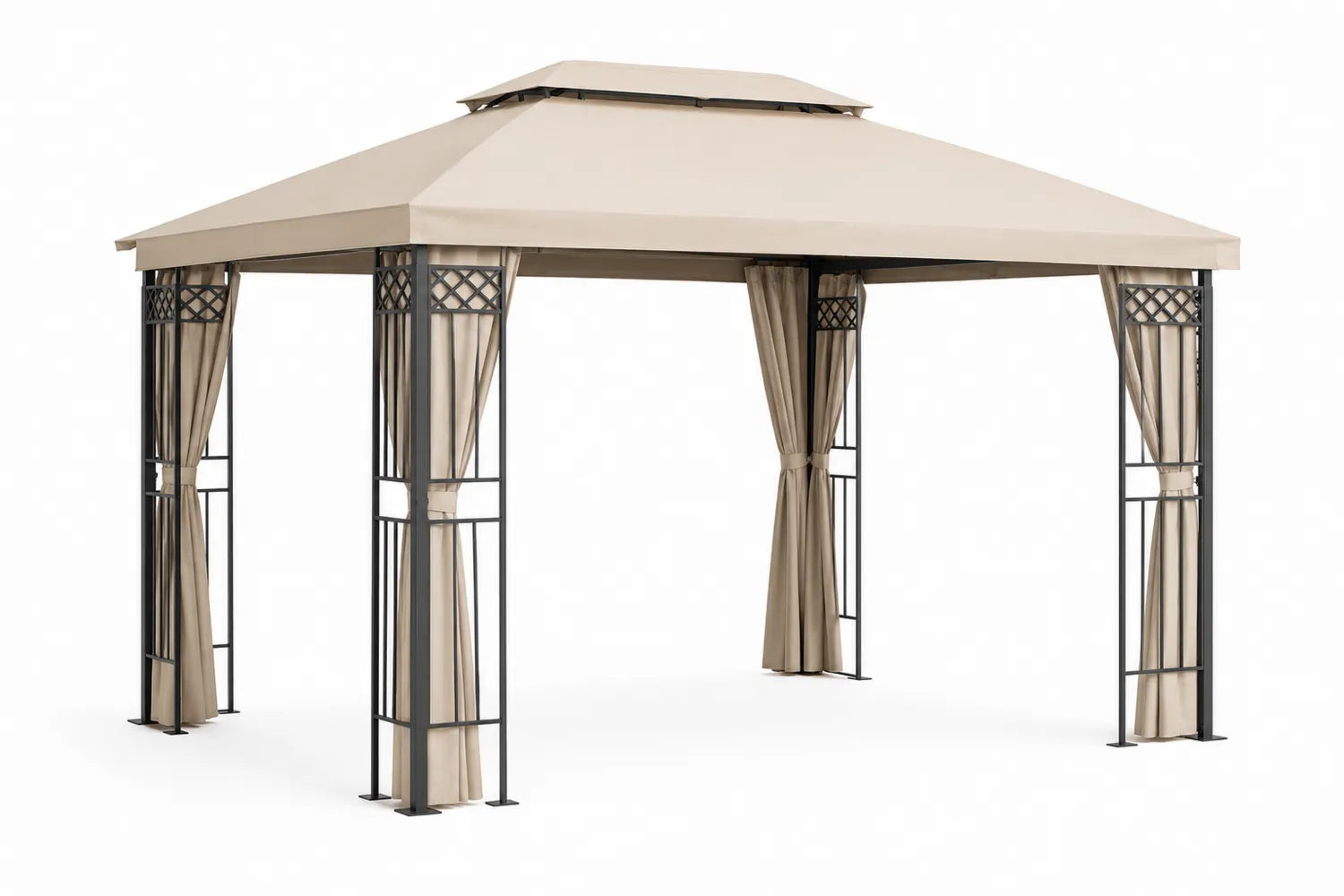 Pérgola de Acero con Cortinas de Poliéster Beis 3x3 m