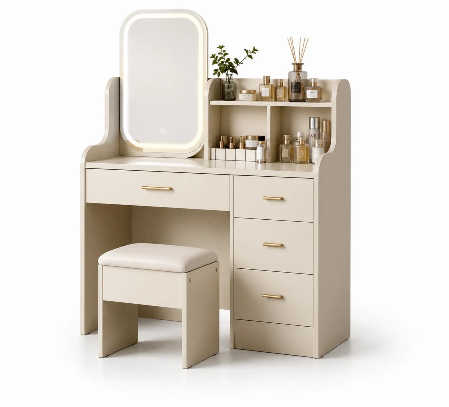 Tocador de MDF con Espejo LED y Taburete Beige