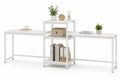 Escritorio modular en L con estantes de madera y metal blanco