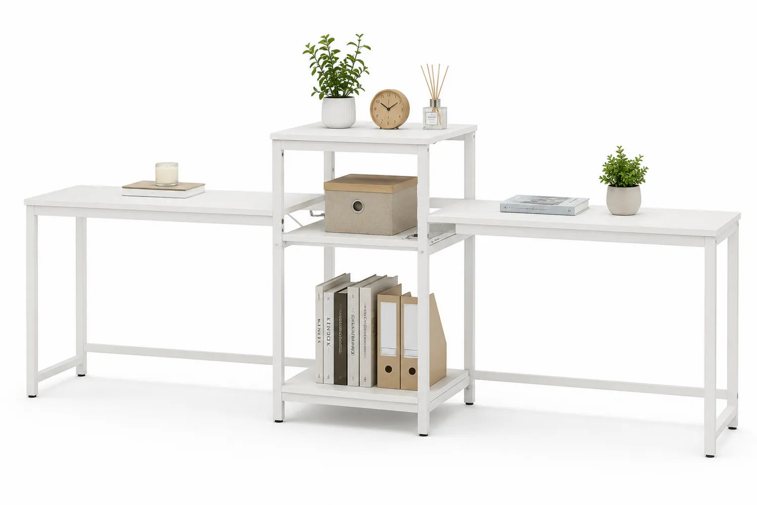 Escritorio modular en L con estantes de madera y metal blanco