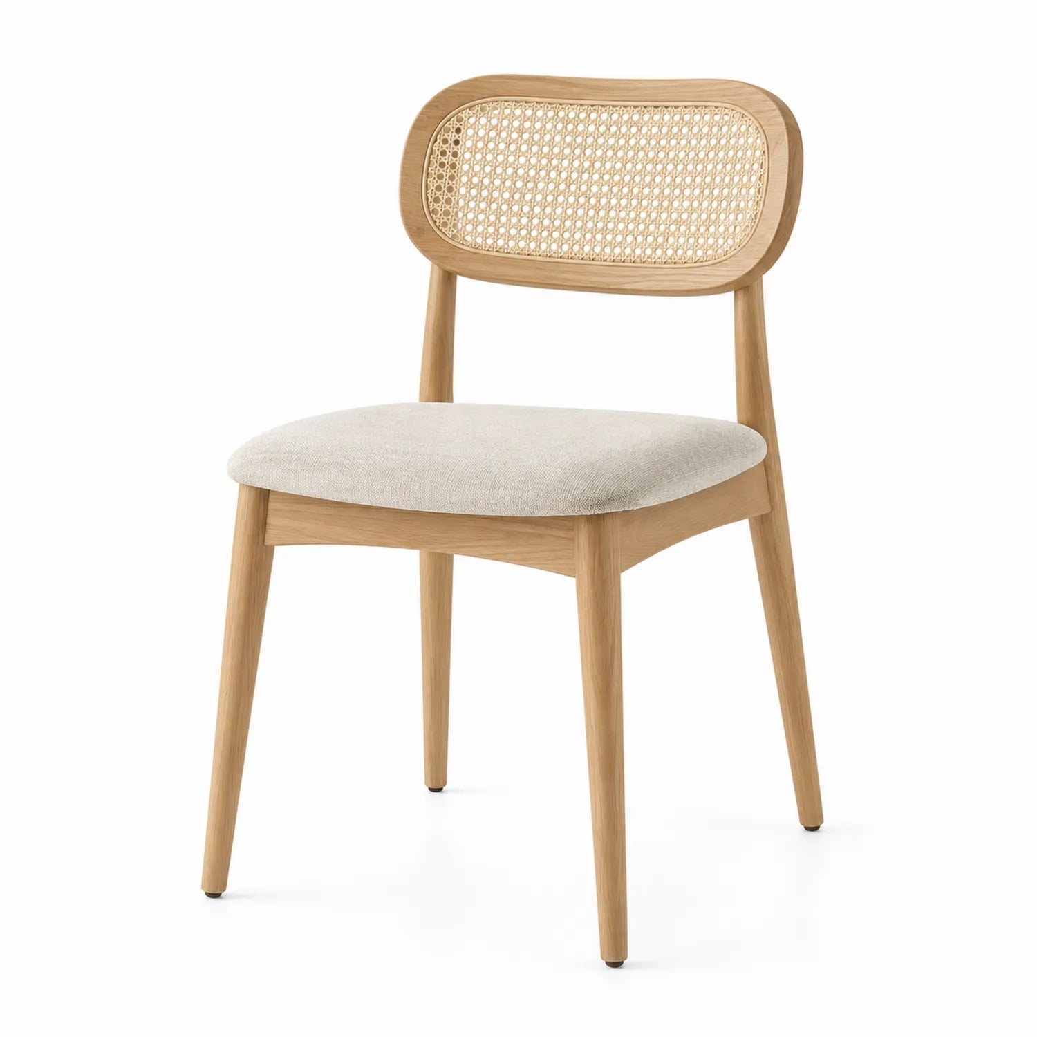 Silla de madera y ratán con asiento tapizado en beige