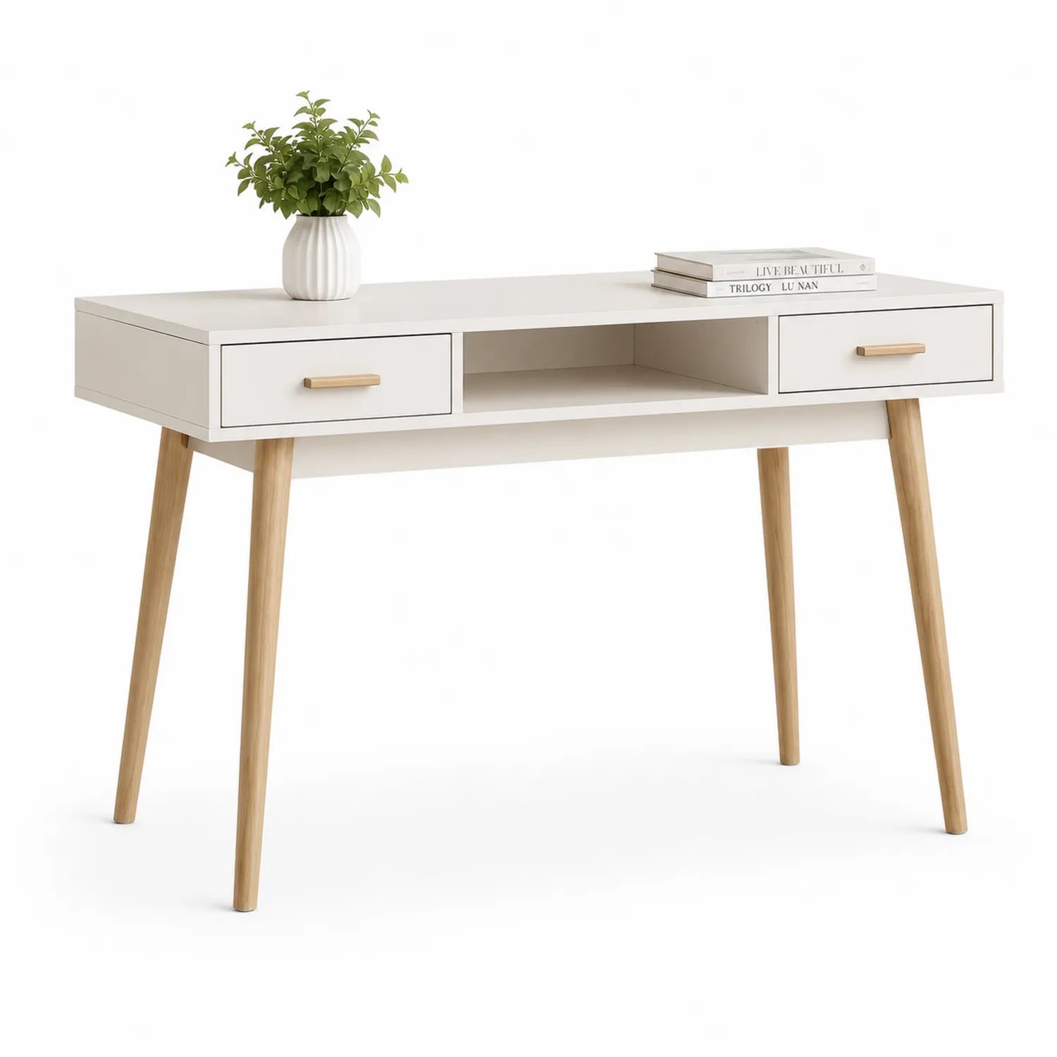 Escritorio de MDF Blanco con Patas de Madera de Haya