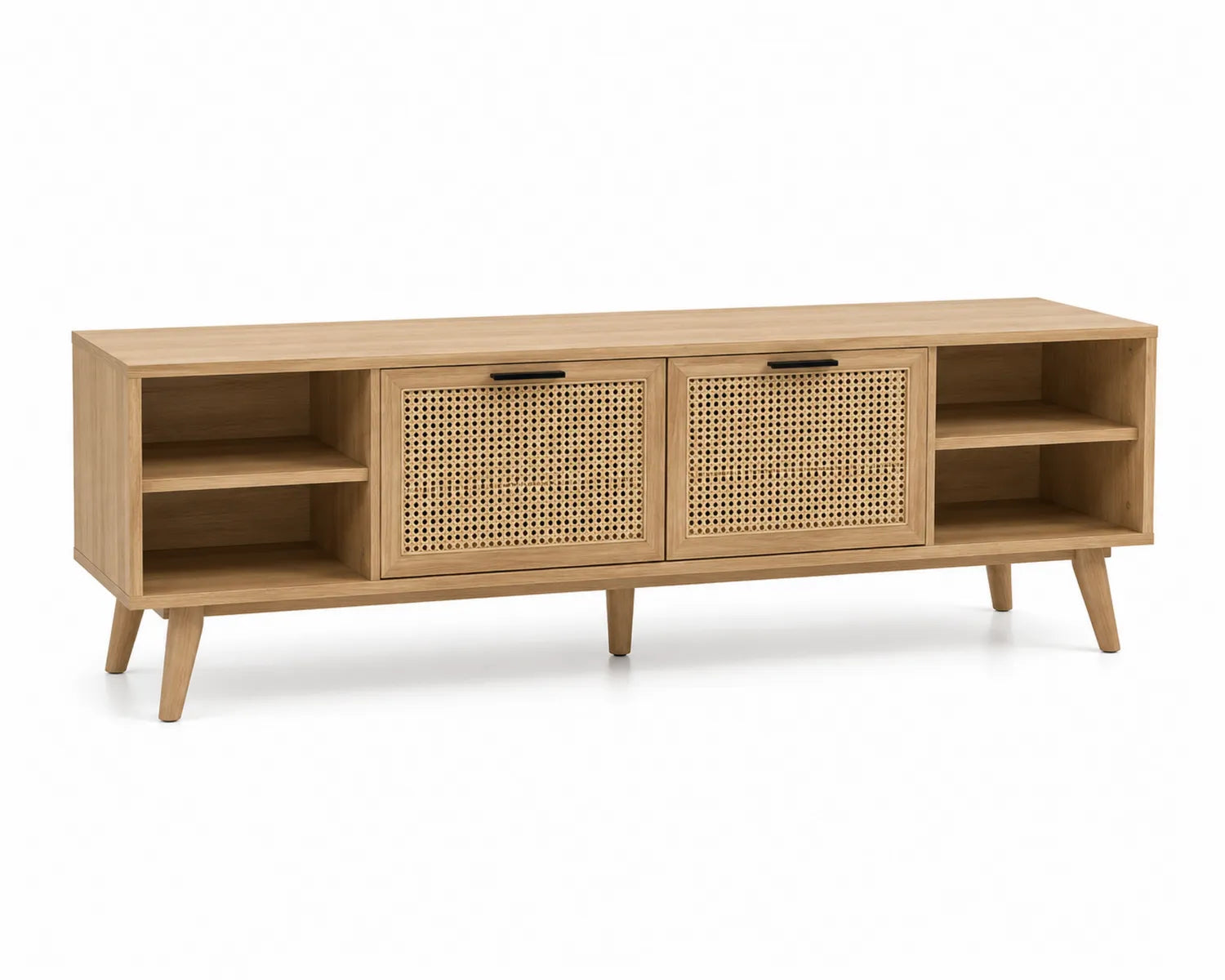 Mueble de TV de Madera de Roble con Puertas de Ratán 180x40x60 cm