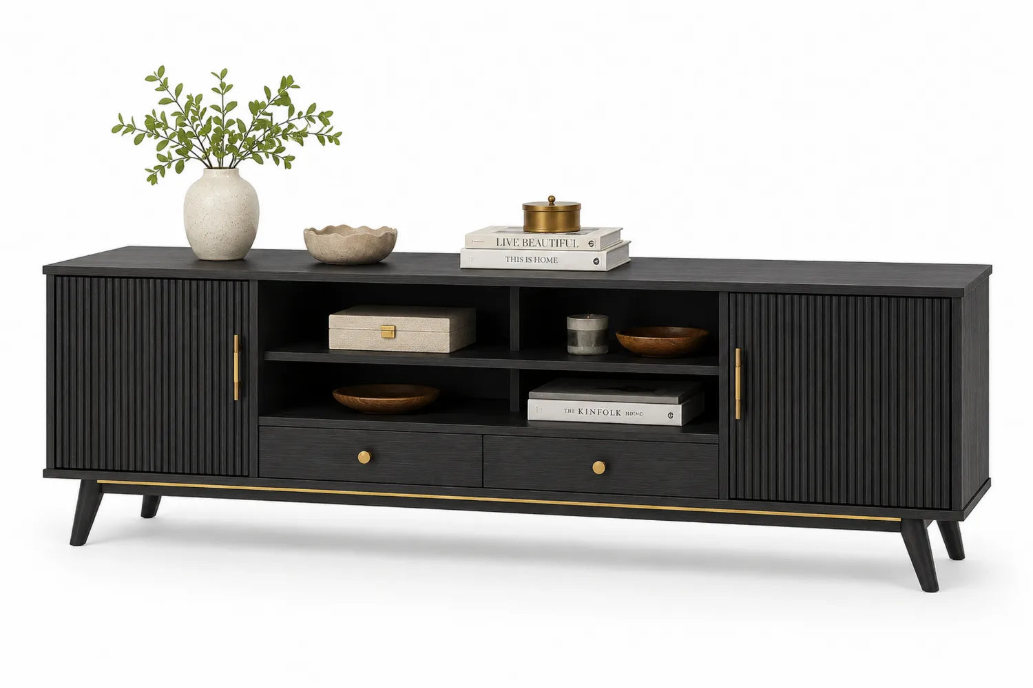 Mueble de TV Negro de Madera con Estantes y Puertas