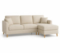 Sofá rinconero de tela beige con chaise longue y patas de madera