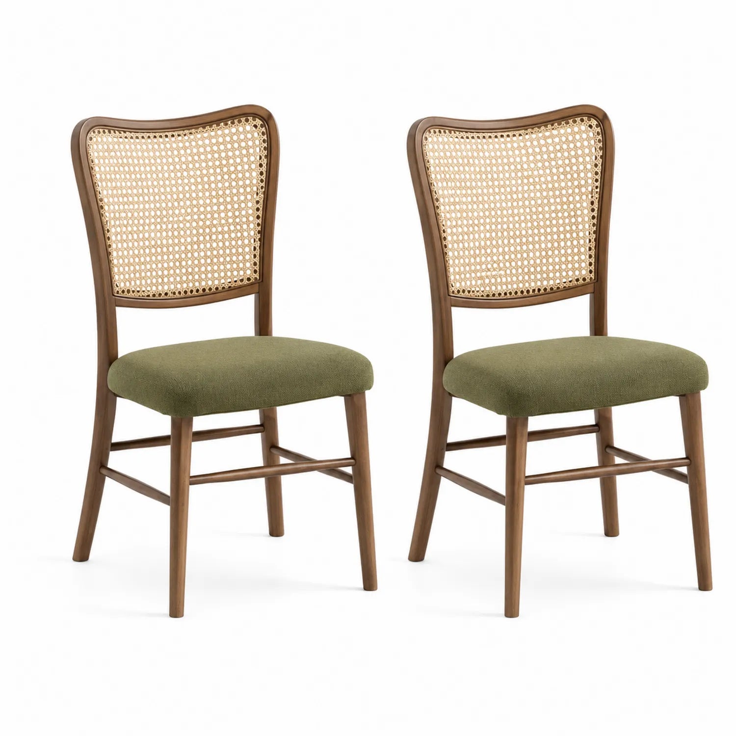 Juego de 2 sillas de madera con respaldo de ratán y asiento verde