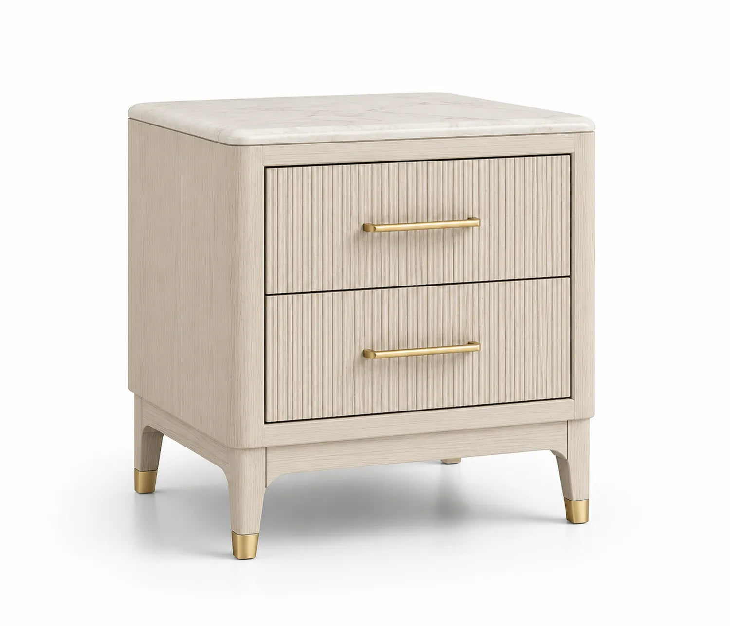 Mesita de noche de madera y mármol con 2 cajones Beige