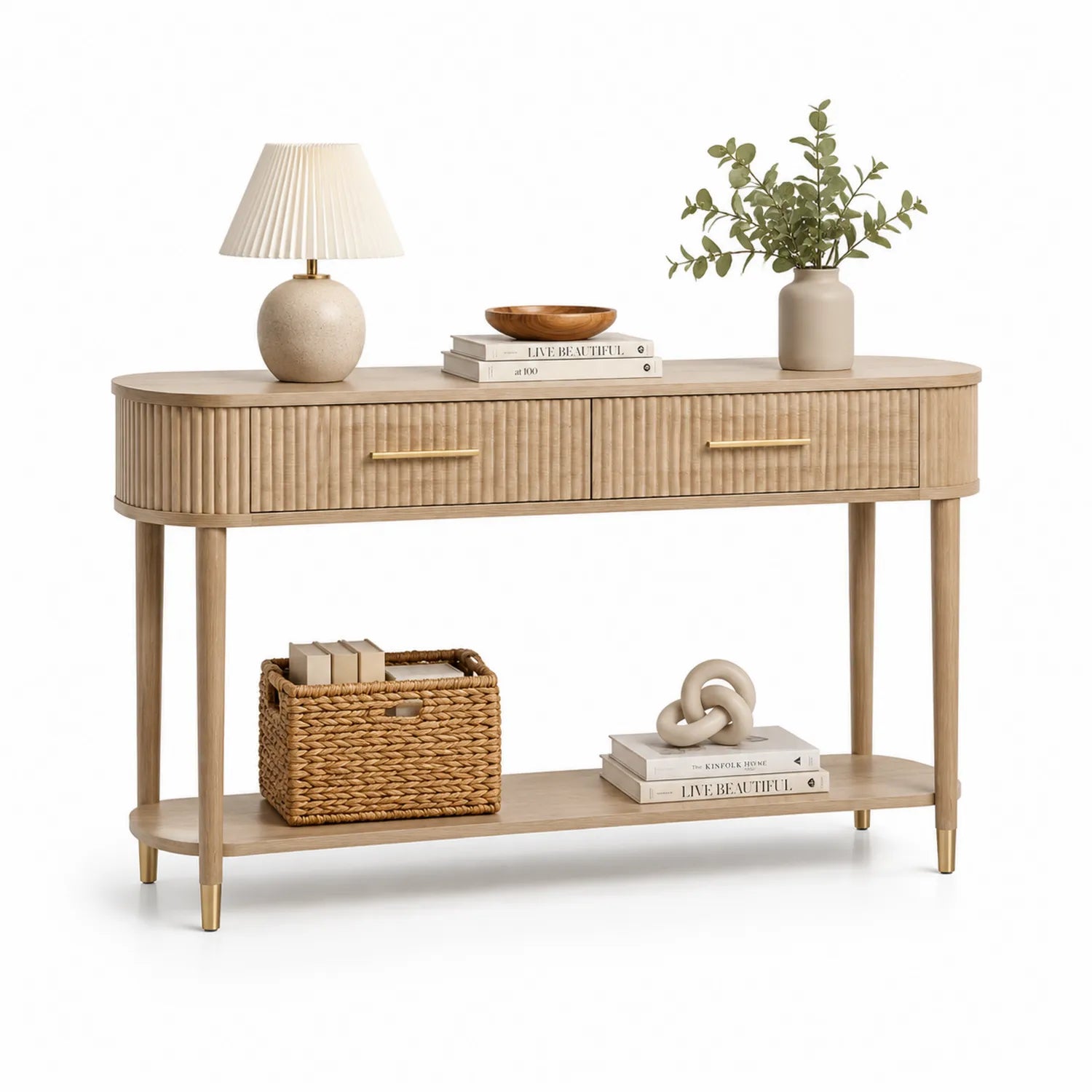 Consola de madera de roble con cajones y estante inferior
