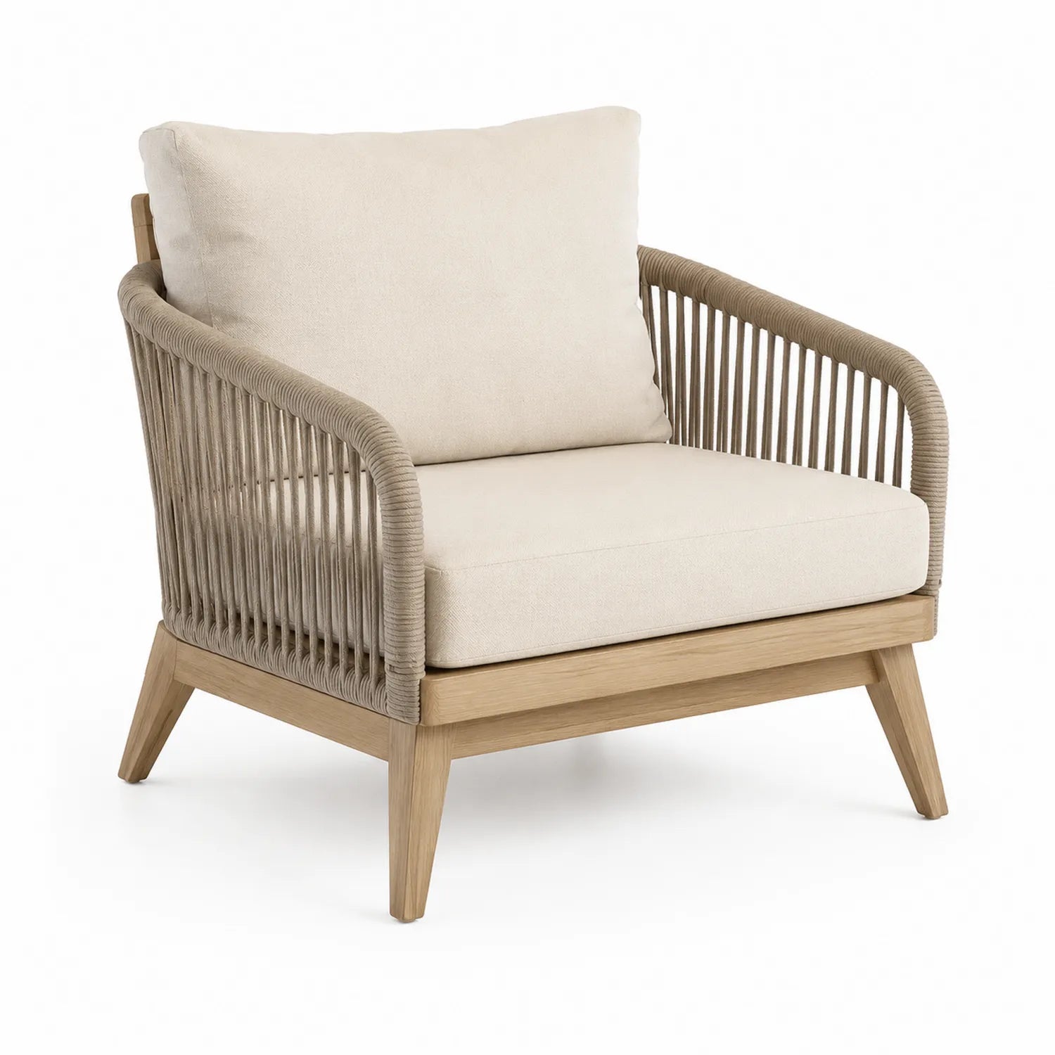 Silla de exterior de madera y cuerda con cojines de poliéster beige