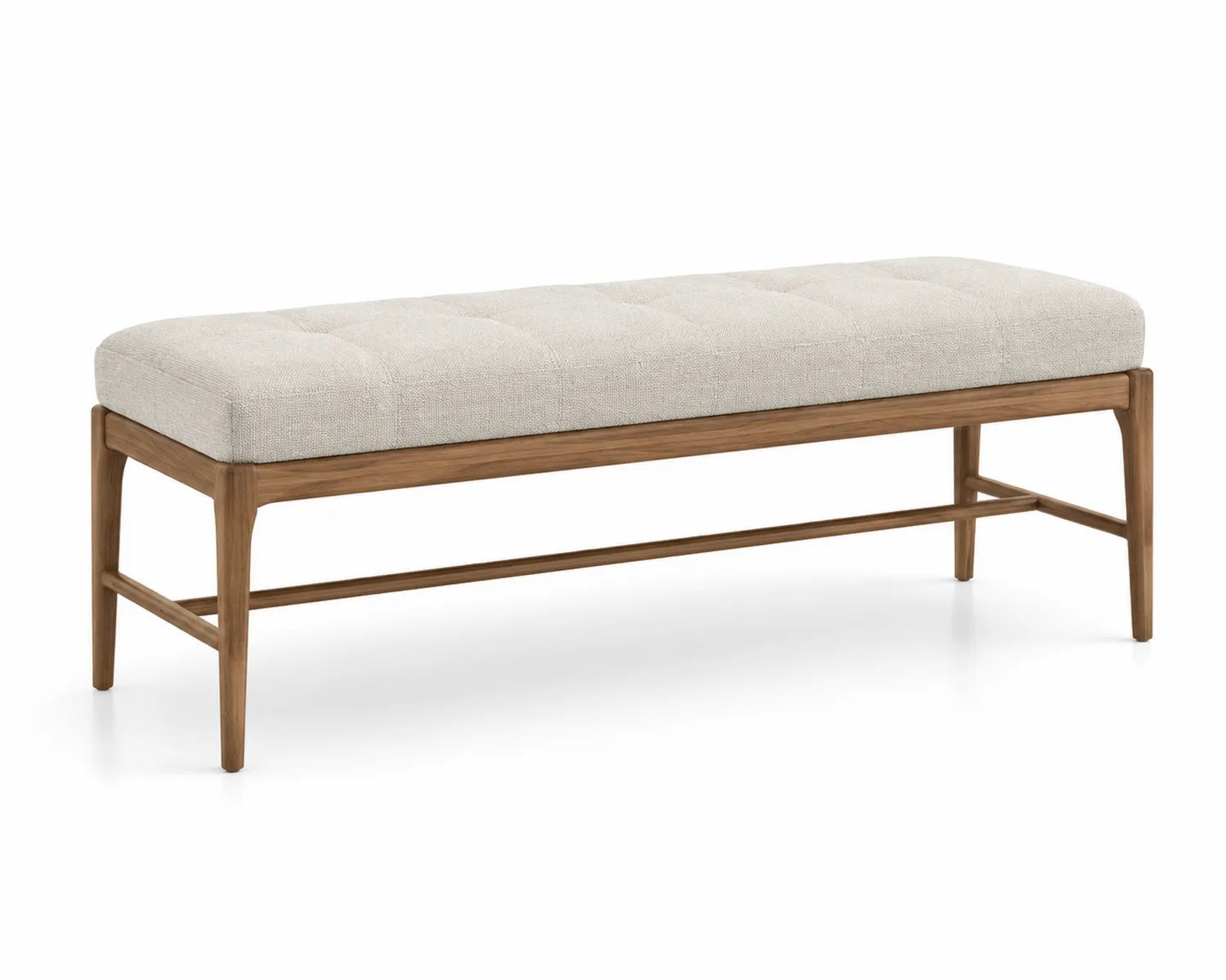 Banco tapizado en tela beige y estructura de madera