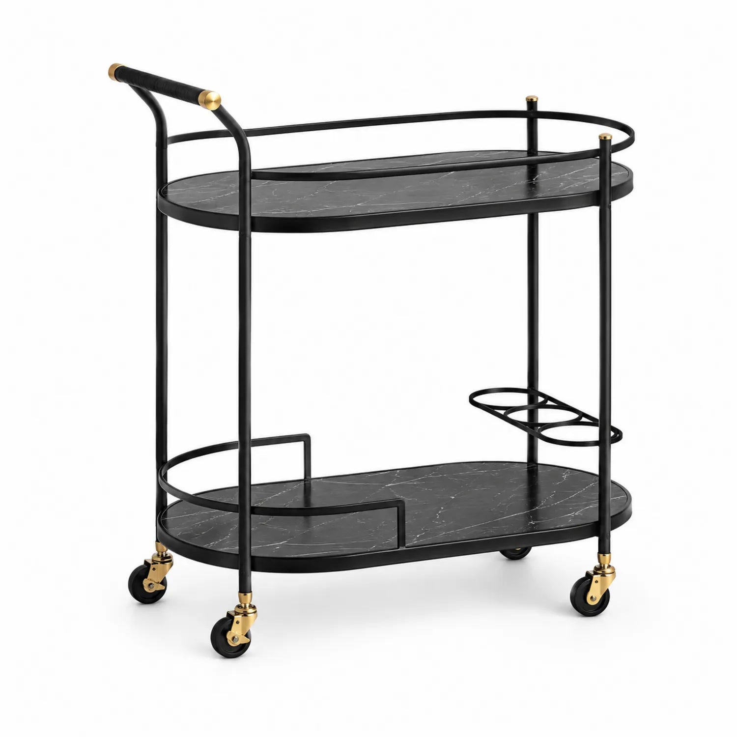 Carrito de bar de metal negro con estantes de mármol
