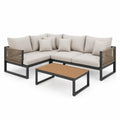 Conjunto de sofás esquineros de exterior en aluminio y poliéster con mesa de madera