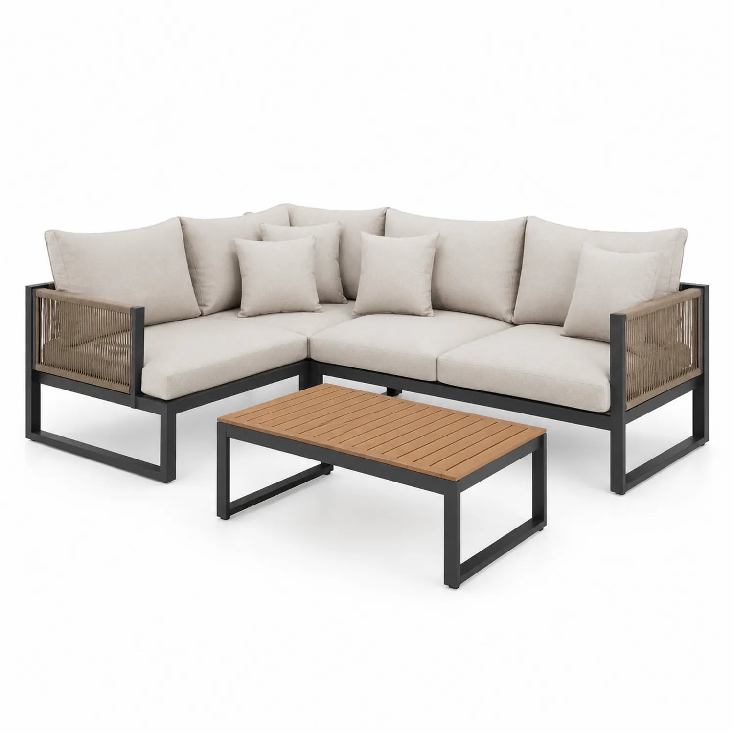Conjunto de sofás esquineros de exterior en aluminio y poliéster con mesa de madera