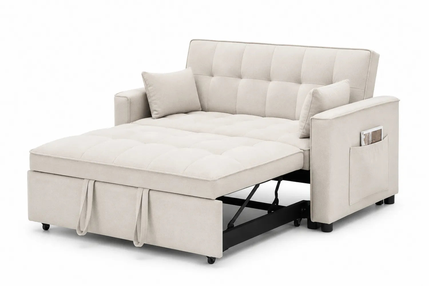 Sofá Cama Convertible de Poliéster Beige con Bolsillo Lateral y Almohadas