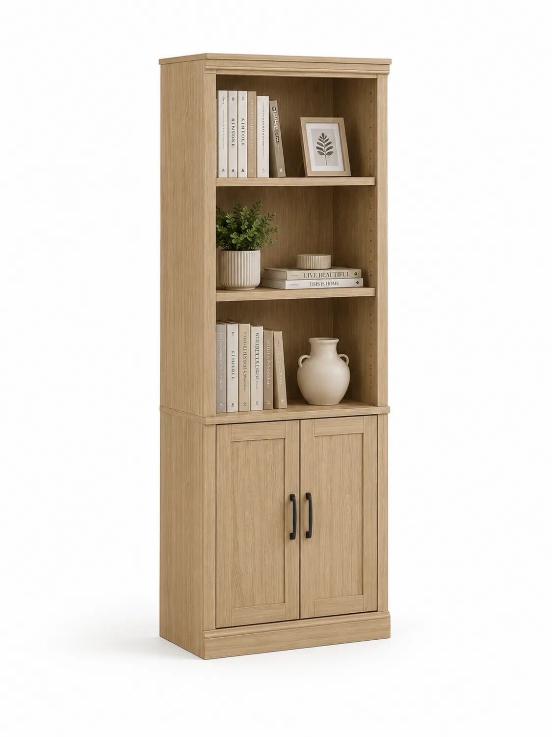 Estantería de Madera de Tres Niveles con Puertas de Roble Claro 180cm