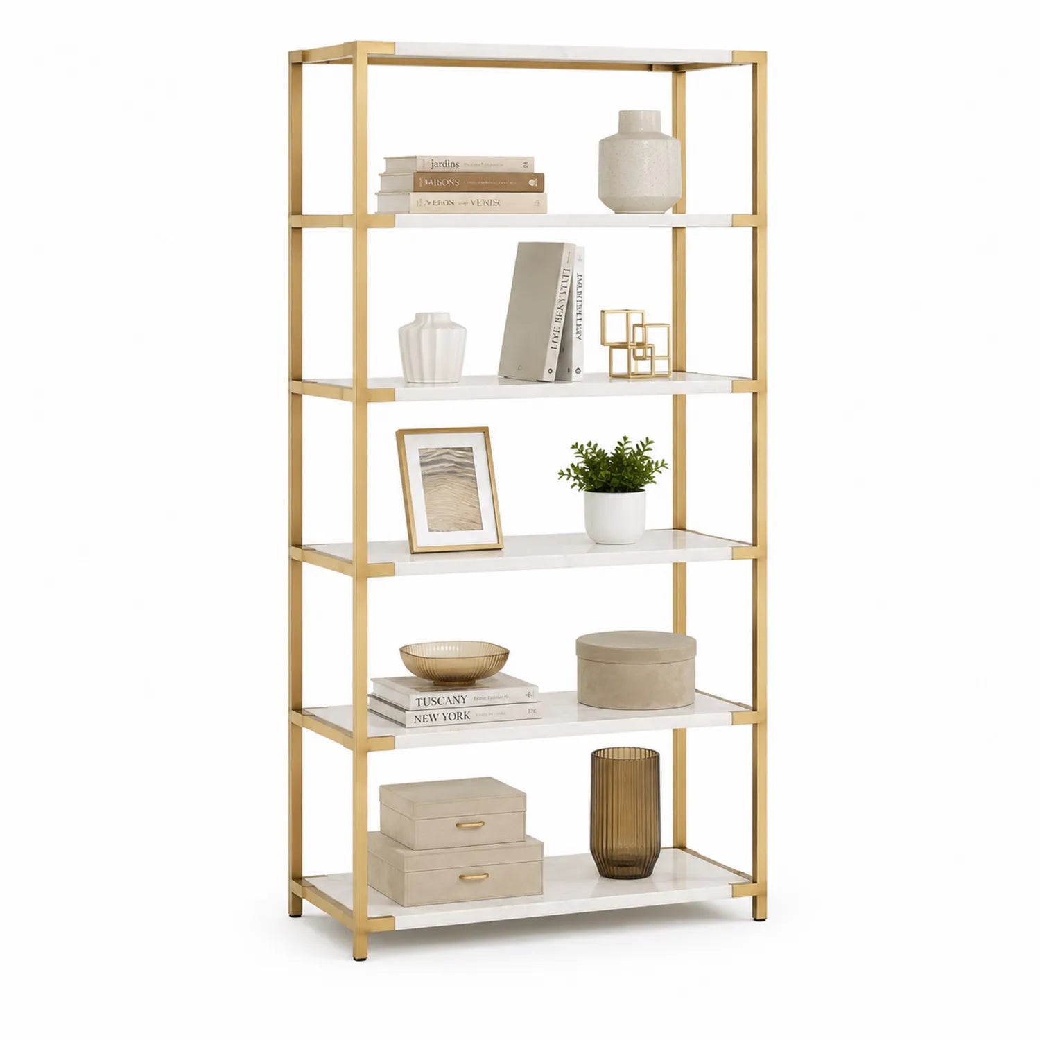 Estantería de metal dorado con estantes de MDF blanco