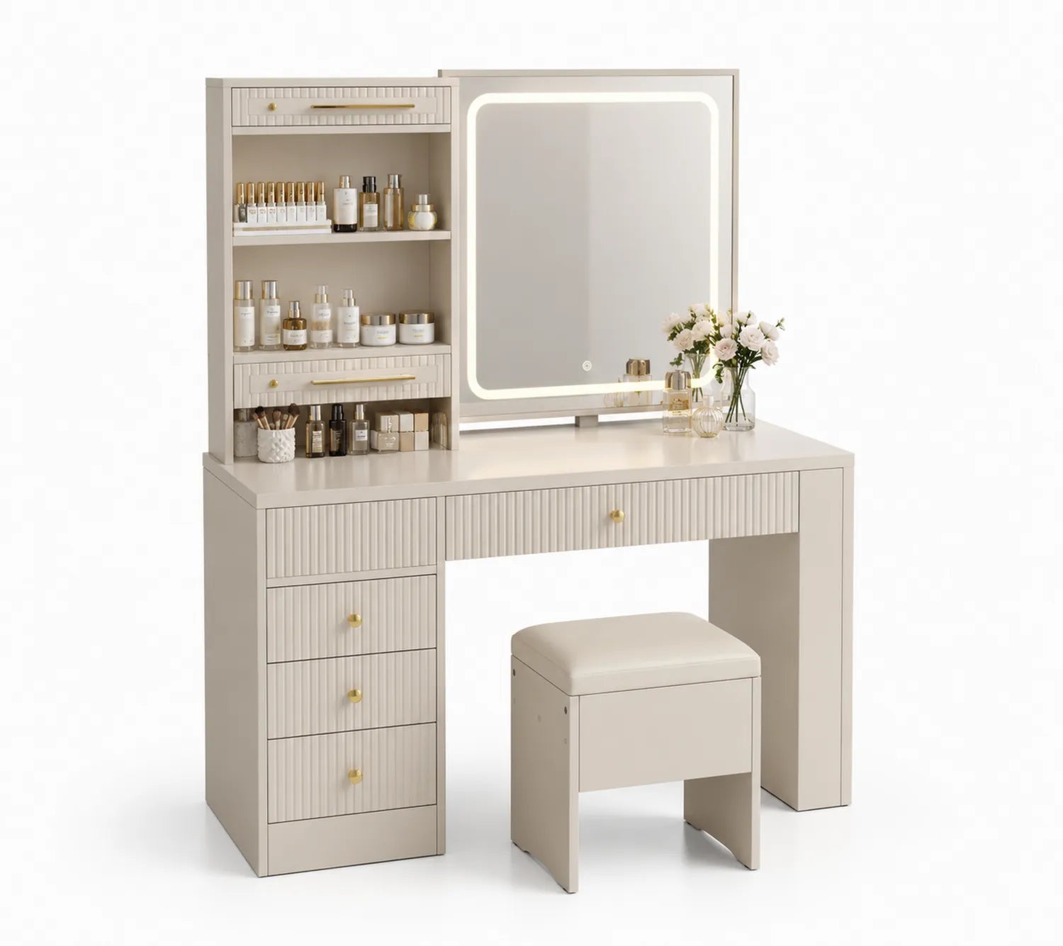 Tocador de madera con espejo LED y taburete beige