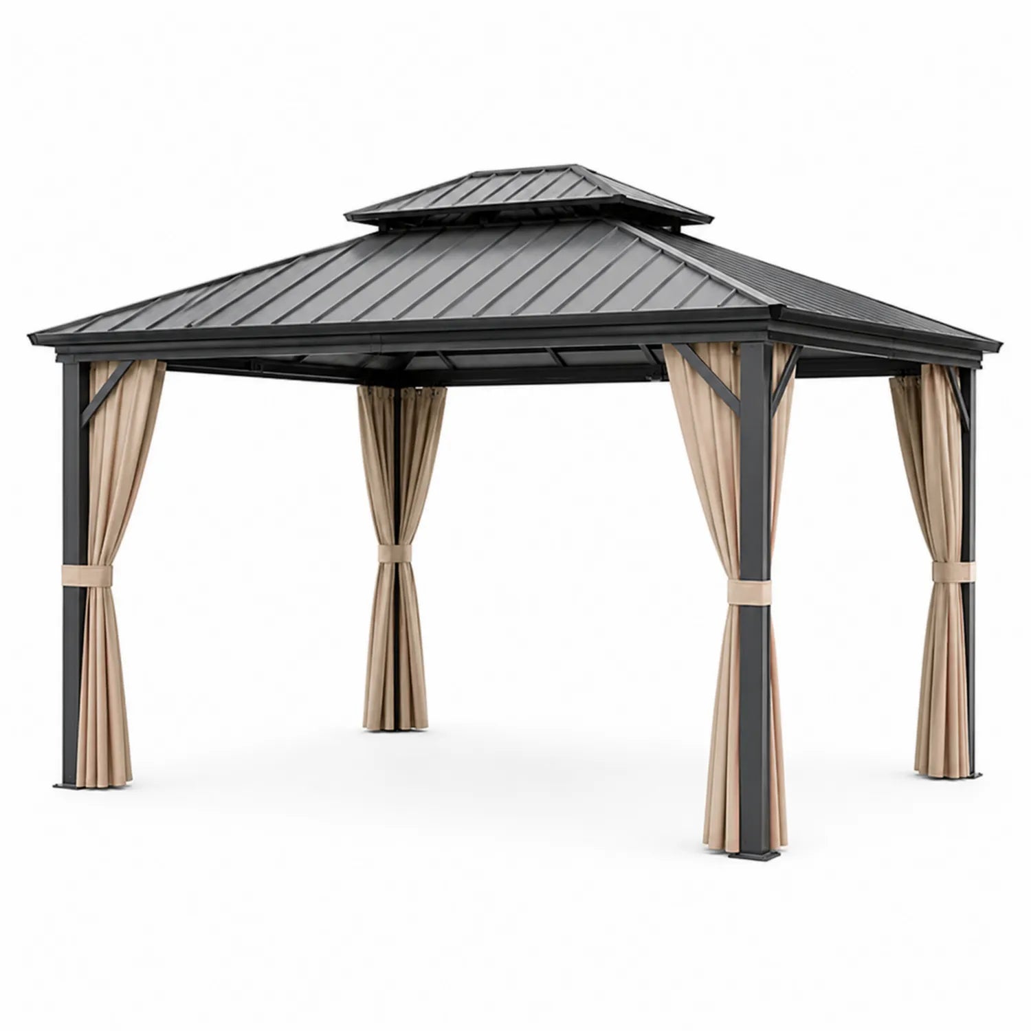 Cenador de Aluminio con Techo de Acero y Cortinas