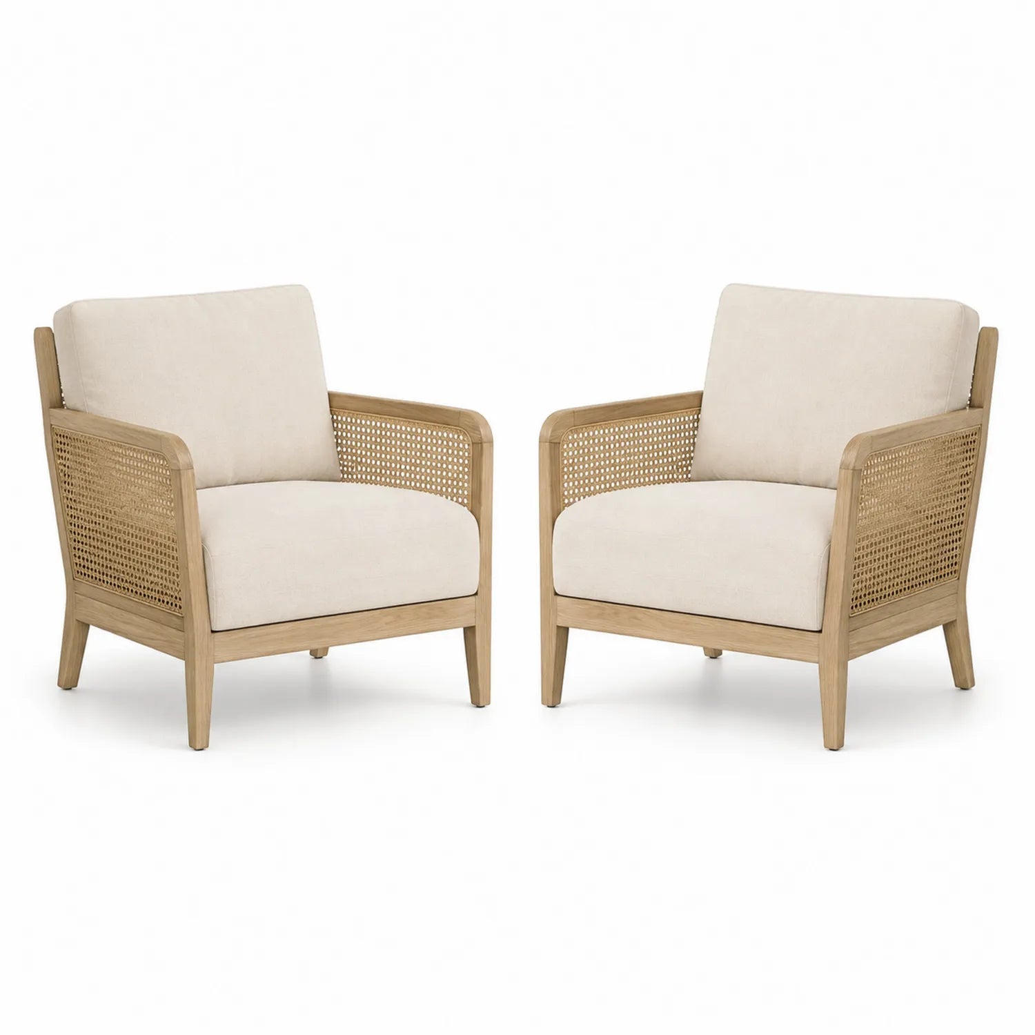 Juego de 2 sillones de madera de roble y ratán con cojines beige
